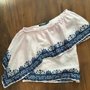LAUREN Ralph Lauren pink One Shoulder Linen Top Boho Print Size petite Small